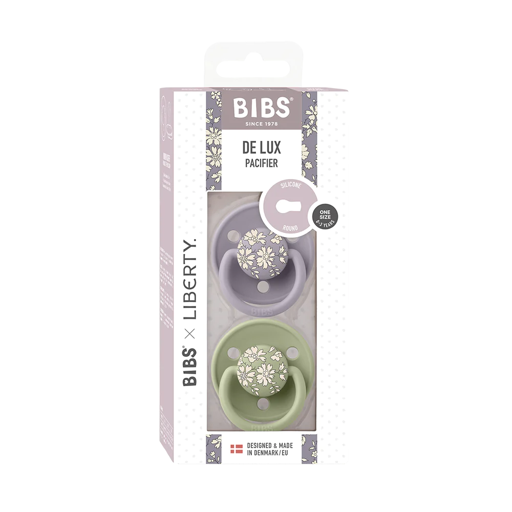 BIBS X Liberty | 2 Pack | Pacifier | One Size | Sage Mix | Boxed View | ChocoLoons