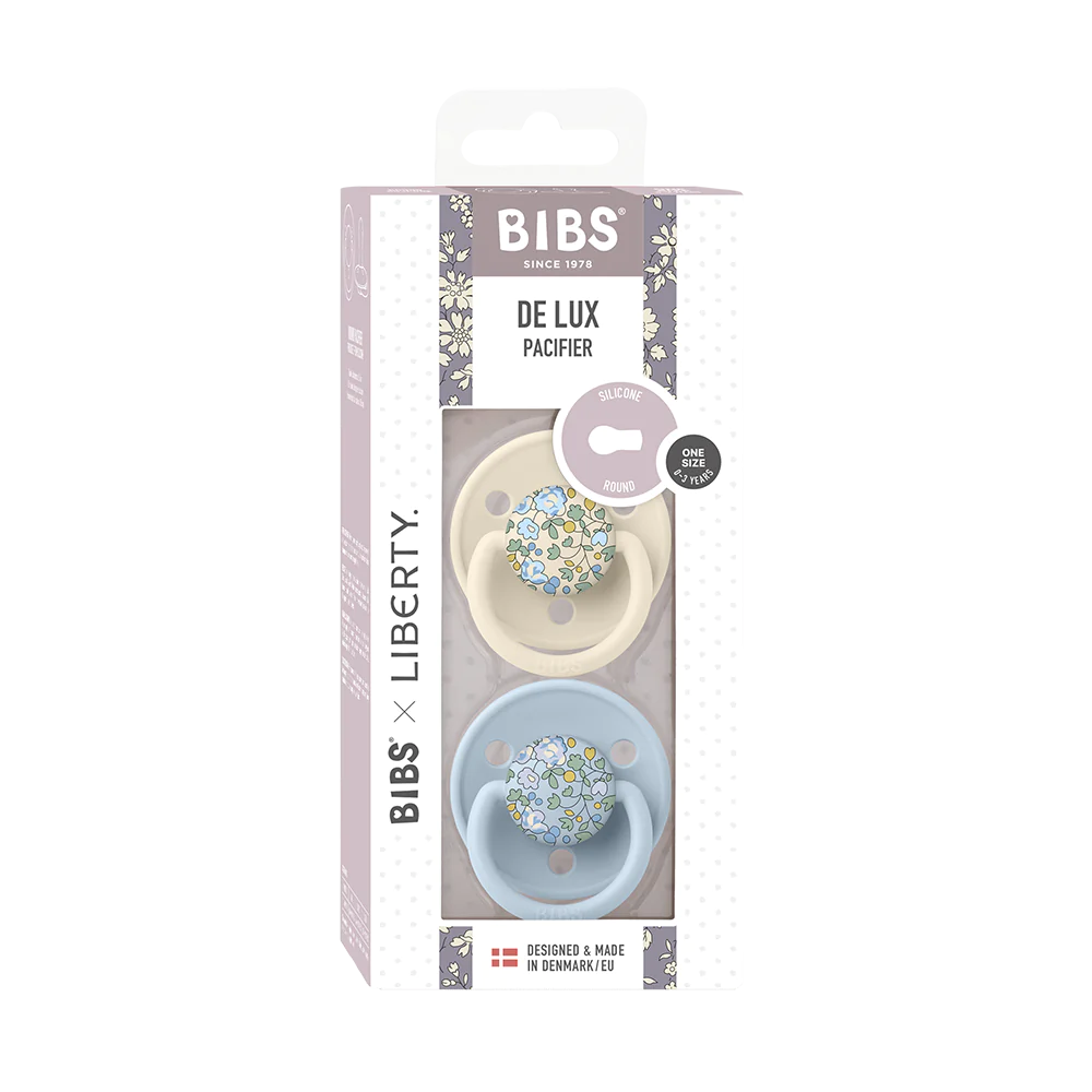 BIBS X Liberty | 2 Pack | One Size | Eloise Baby Blue Mix | Boxed View | ChocoLoons
