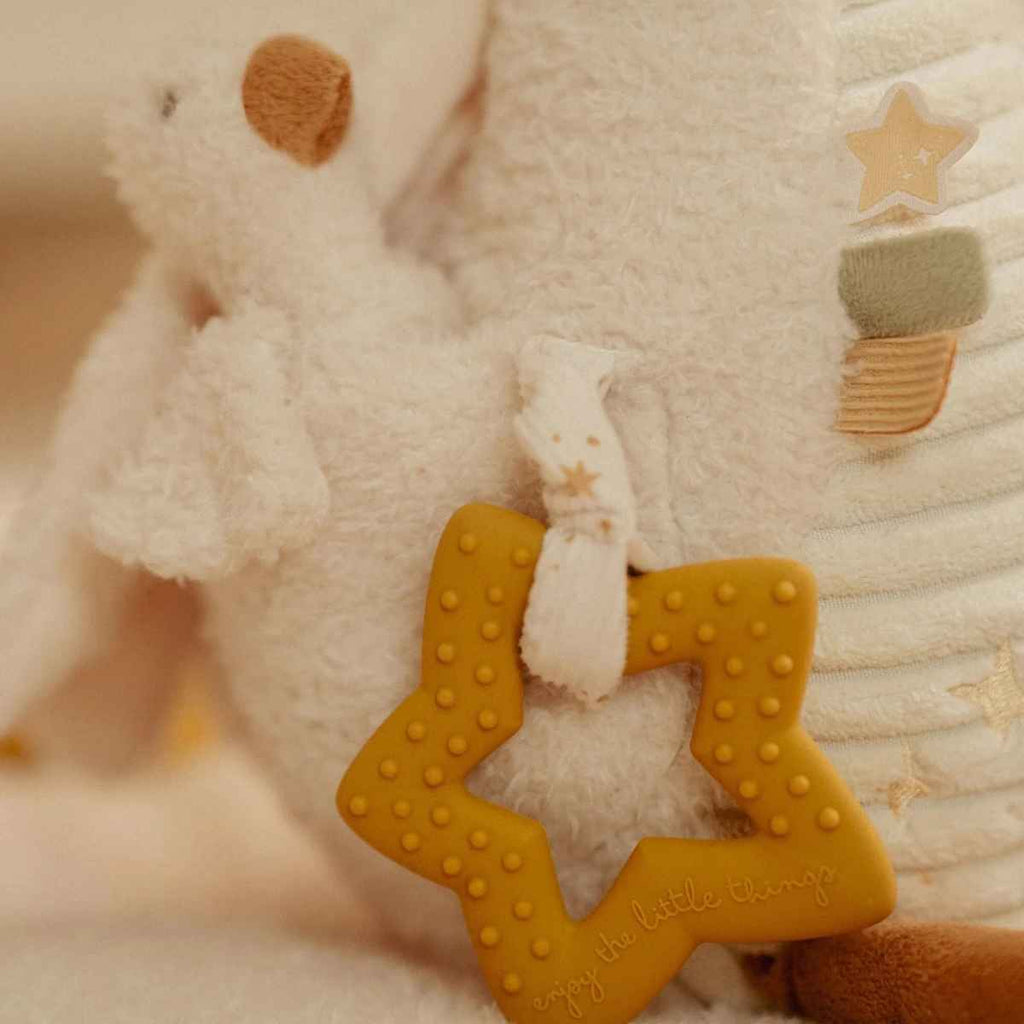 Close up of soft activity toy goose with baby goose and a star shaped teether