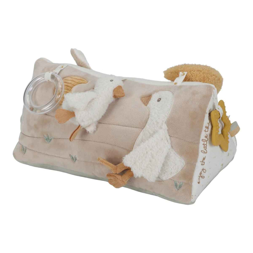 Plush activity triangle with geese and a teething ring in a beige colour