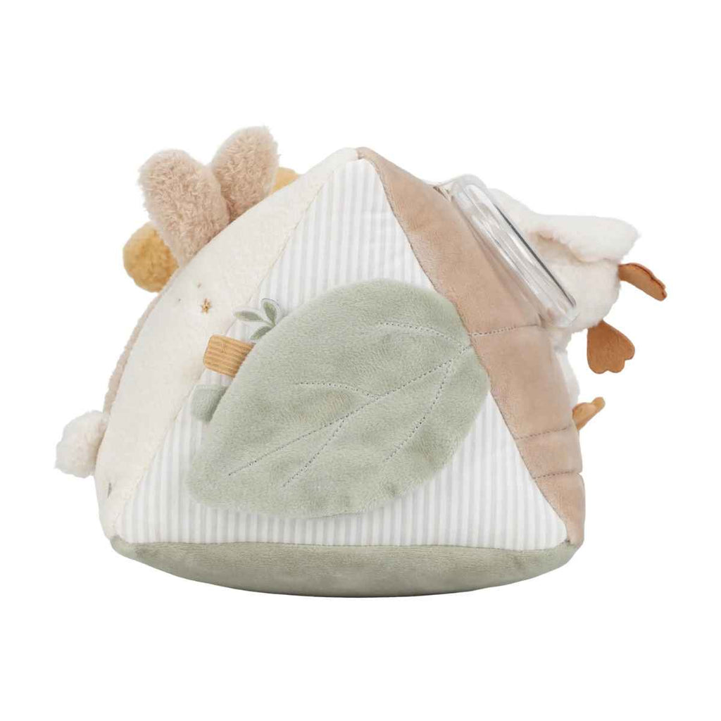 Activity triangle with a soft leaf toy on a white background