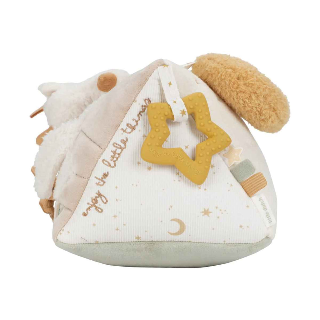 Plush activity triangle with a star teether and text on a white background