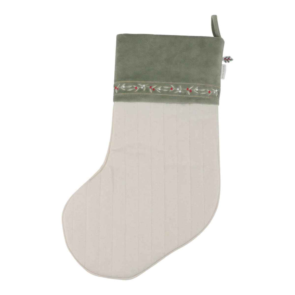 Christmas stocking with green top and beige body on a white background
