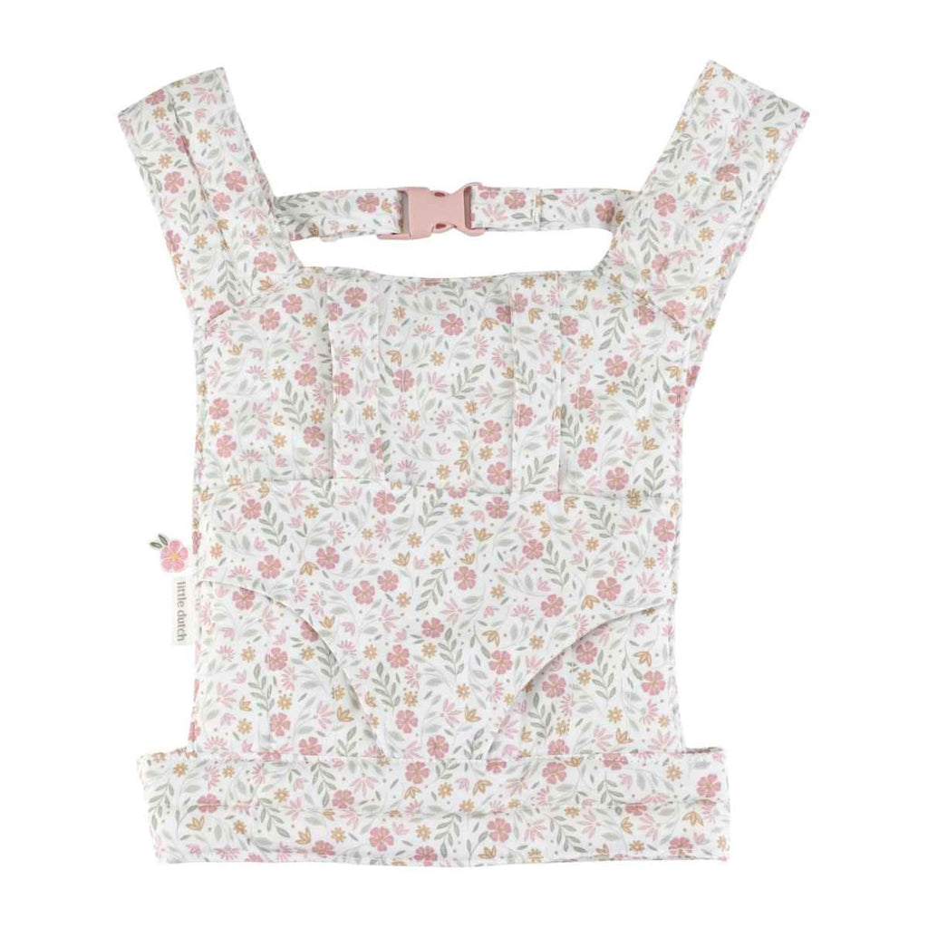Floral-patterned baby carrier with buckles on a white background