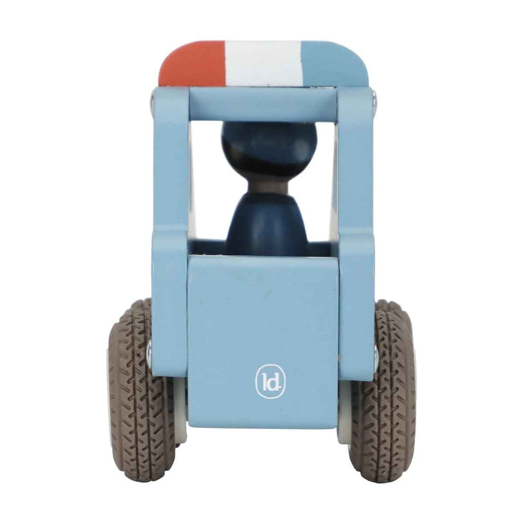 Toy vehicle with a blue frame, red and white striped roof, and brown wheels on a white background.