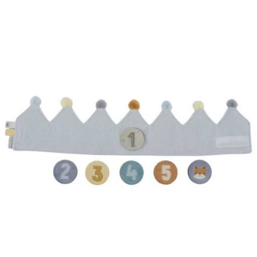 Children's birthday crown with numbered and animal-themed patches on a white background