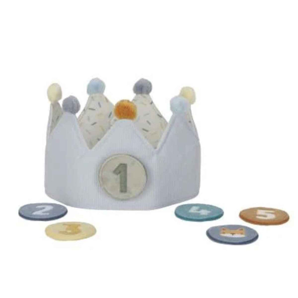 Children's birthday crown with number 1 and other colorful number patches on a white background