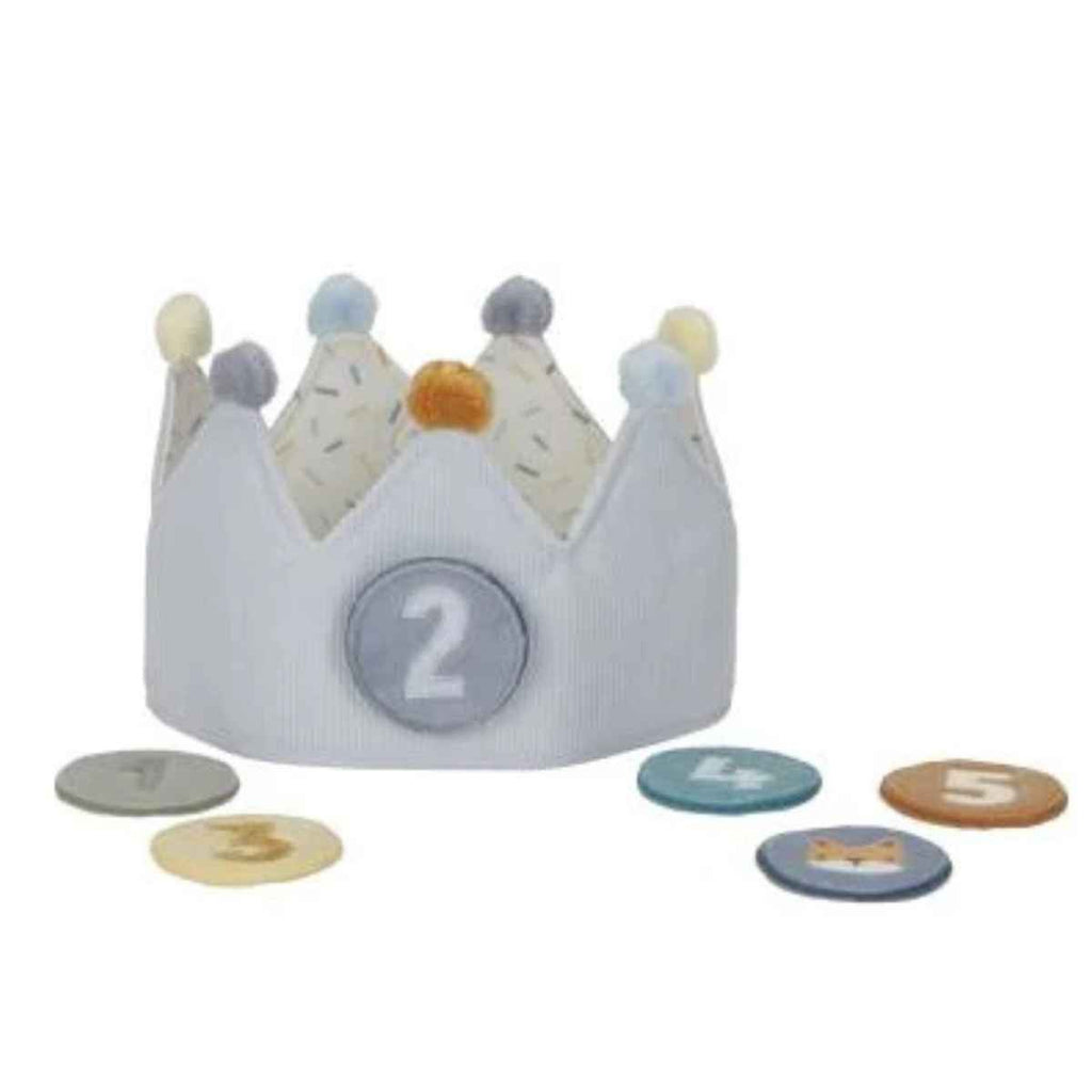 Children's toy crown with number 2 and small round numbers on a white background