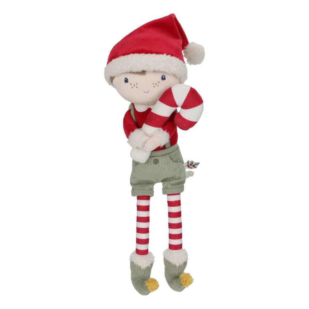 Plush toy elf with a red hat and candy cane on a white background
