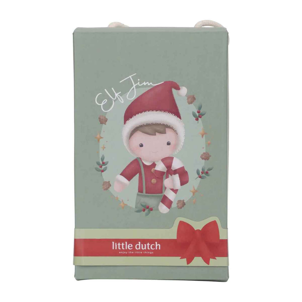Product packaging with an elf Jim design on a light green background, featuring the brand 'Little Dutch'.