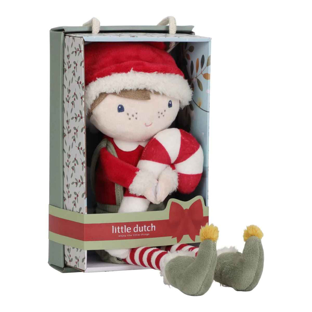 Plush toy in a packaging with 'little dutch' branding, featuring a Elf outfit.