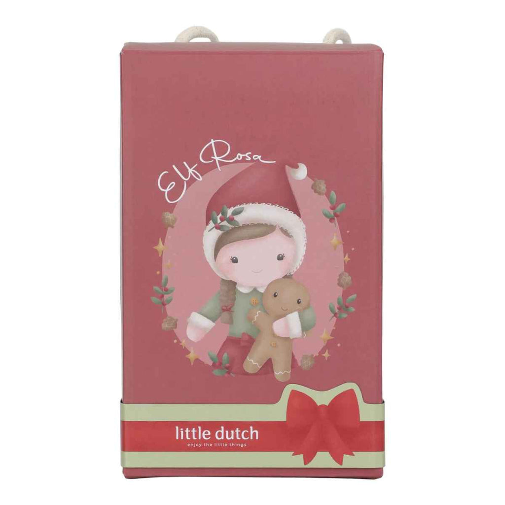 Red box with a Rosa holding a gingerbread man, featuring 'Elf Rosa' and 'little dutch' branding.