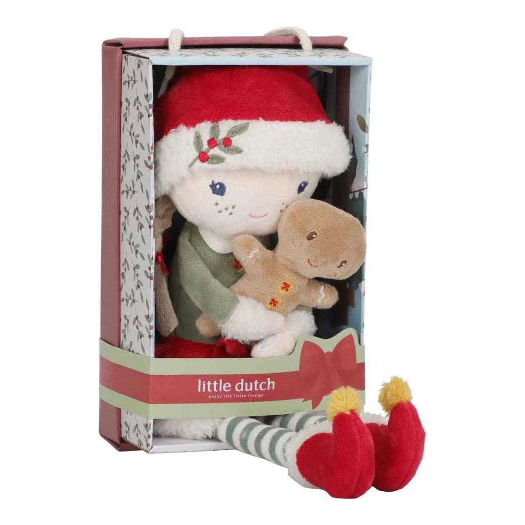 Plush toy with Santa hat and elf outfit in a Little Dutch packaging