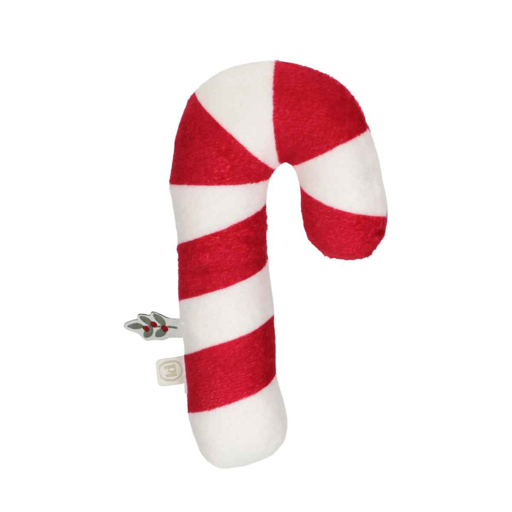Red and white striped candy cane-shaped plush toy on a white background