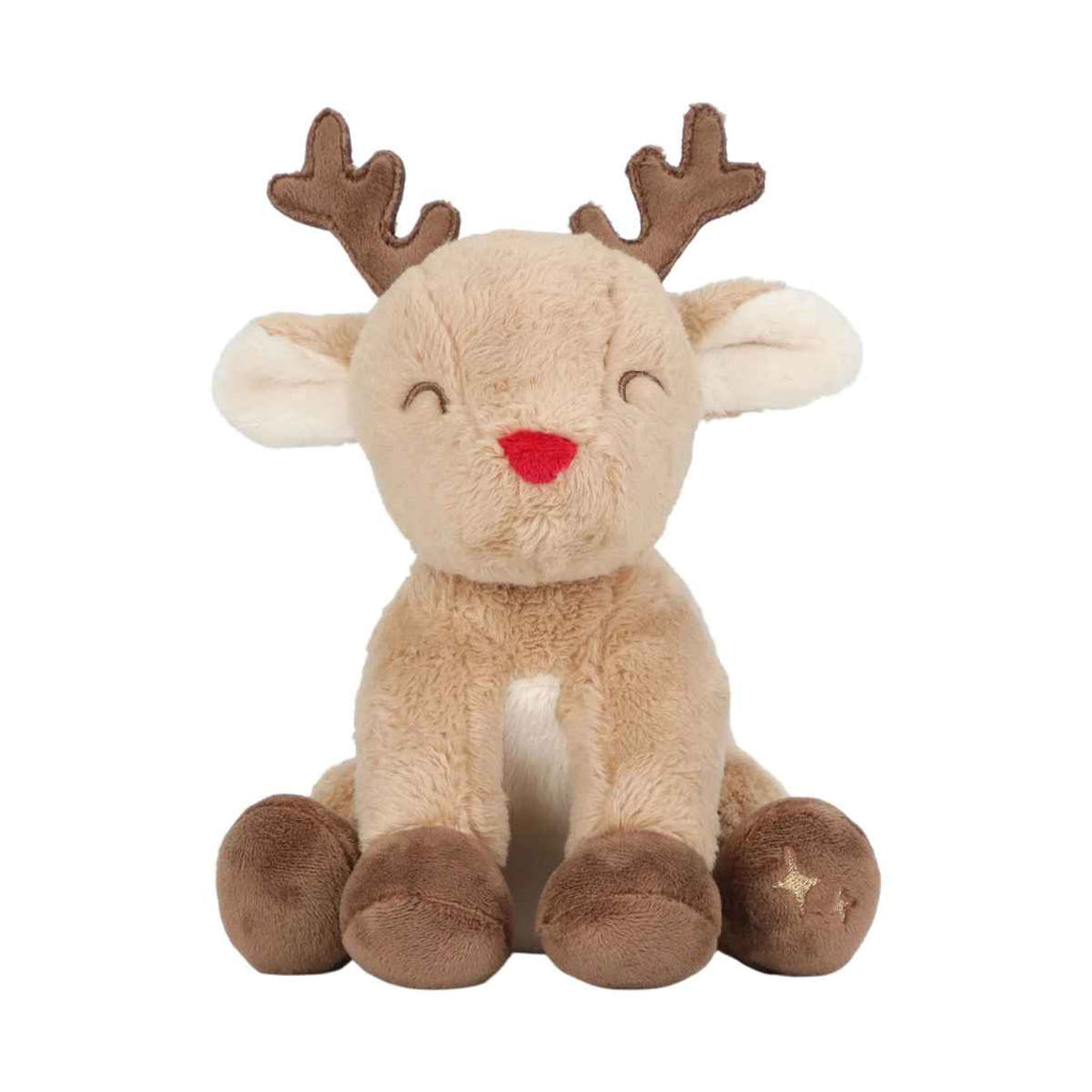 Plush reindeer toy with a red nose on a white background