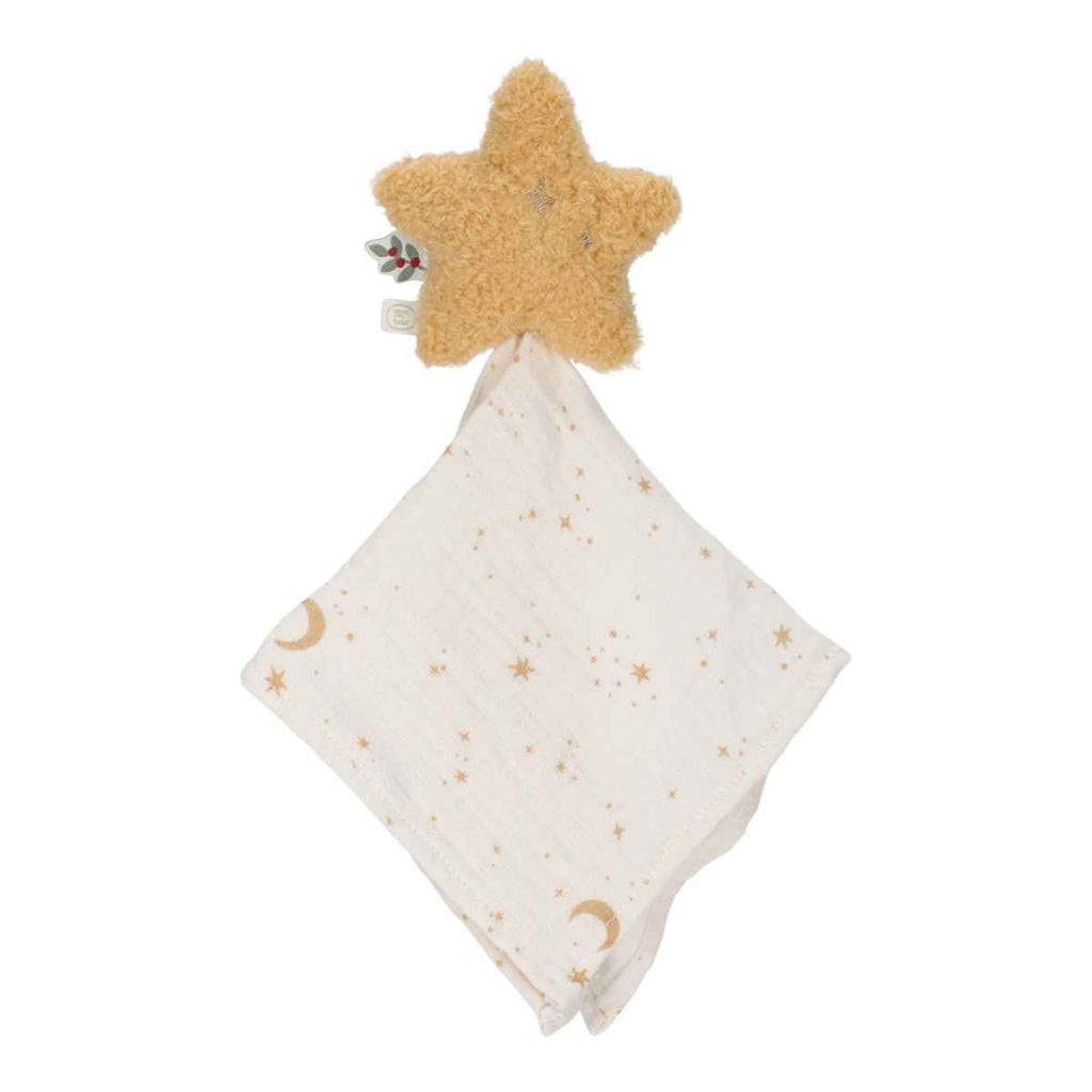 Star-shaped toy with a white blanket featuring celestial patterns on a white background