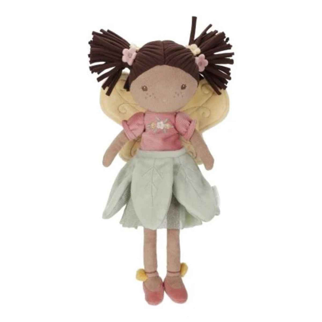 Plush toy fairy doll with braided hair and a pink dress on a white background