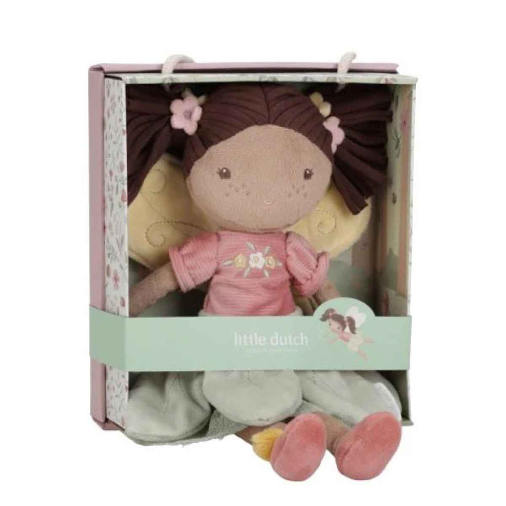 Plush doll with brown hair and pink outfit in packaging with 'little dutch' branding.