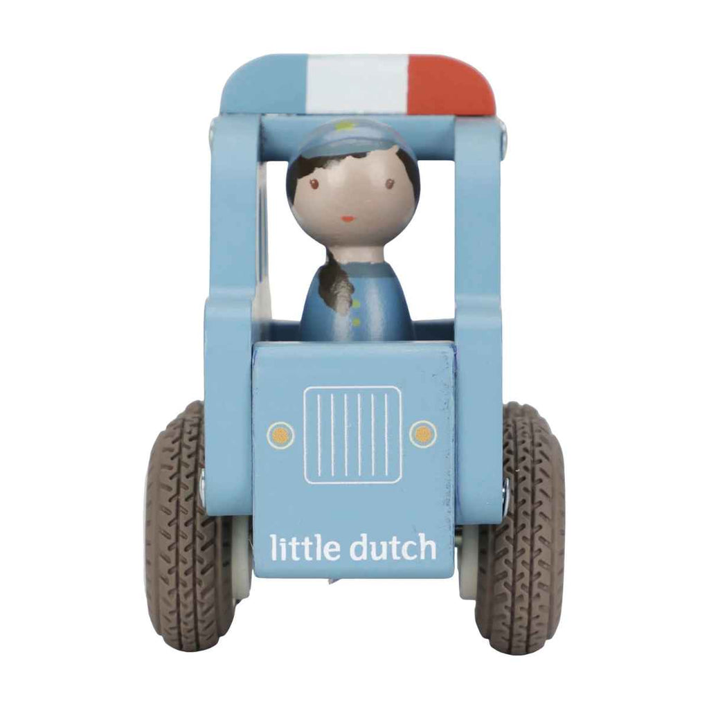 The front of a wooden toy police car with a police driver figure, branded 'Little Dutch', on a white background
