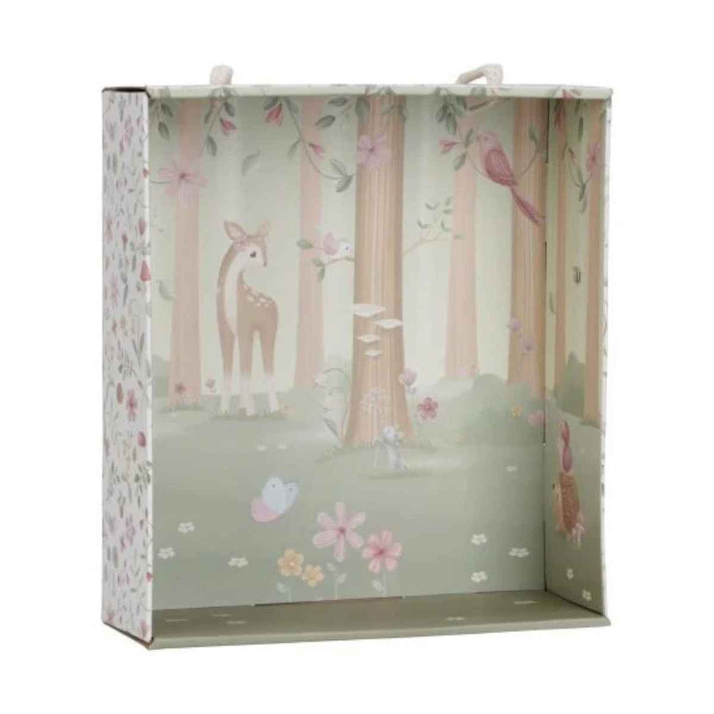 Gift box with forest design featuring a deer and flowers on a white background