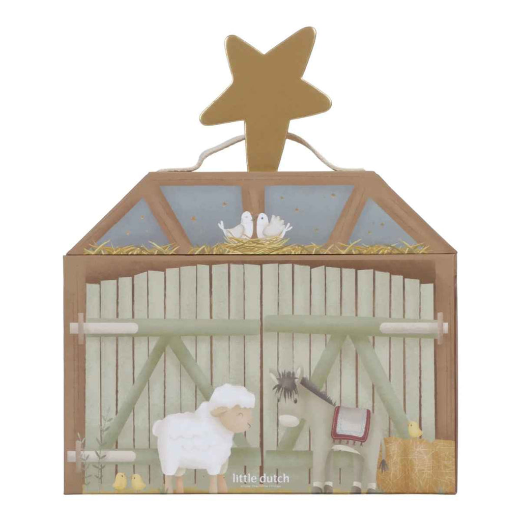 Decorative nativity scene with animals and a star on top, featuring the brand 'Little Dutch'.