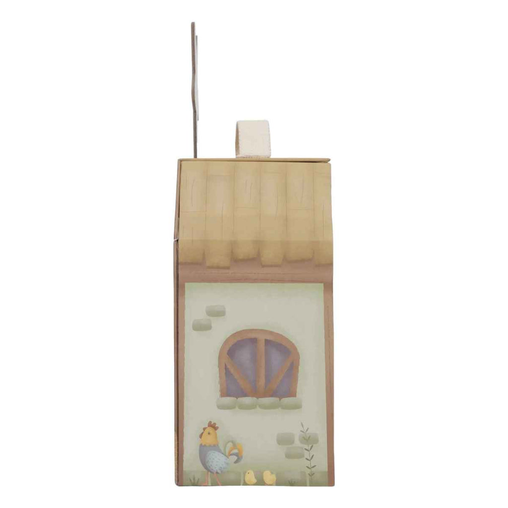 Children's nativity set with a wooden barn design on a white background