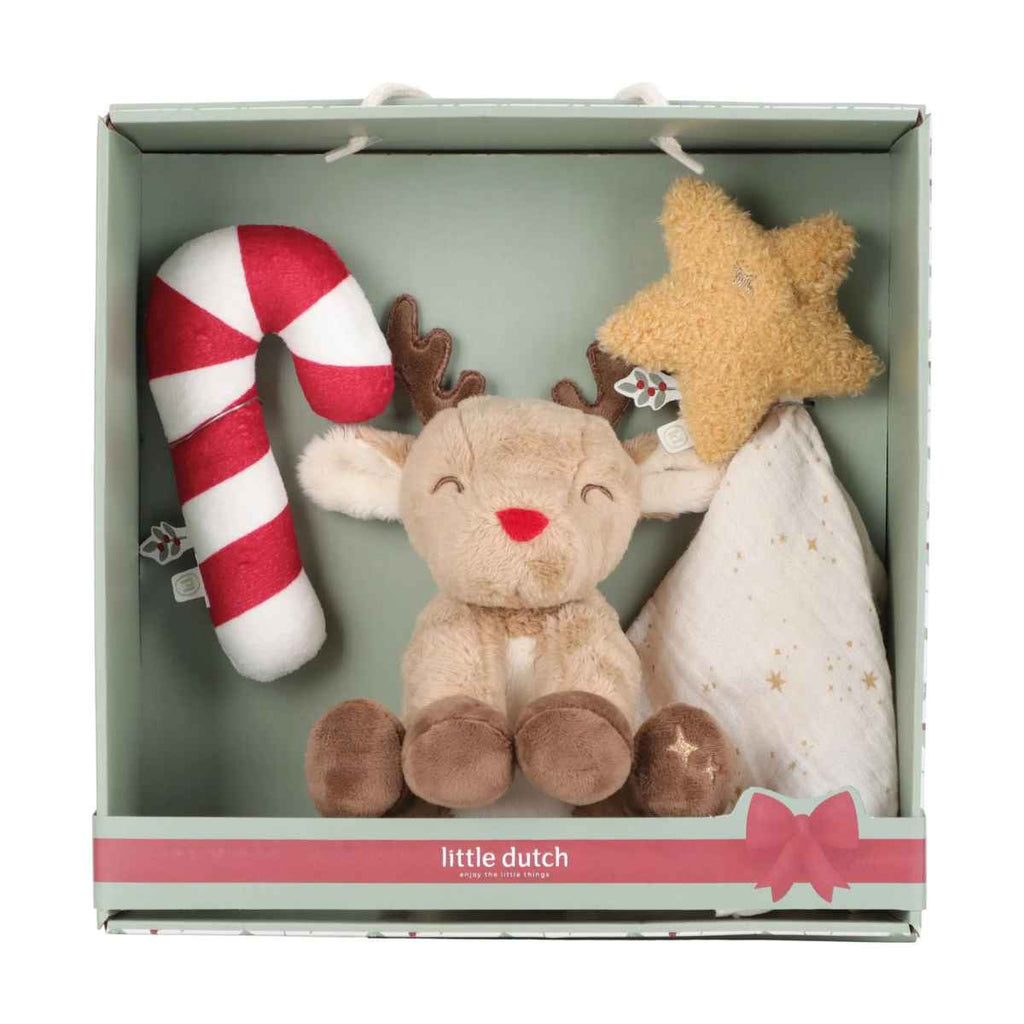 Set of plush toys including a reindeer, candy cane, and star in a 'little dutch' giftbox.