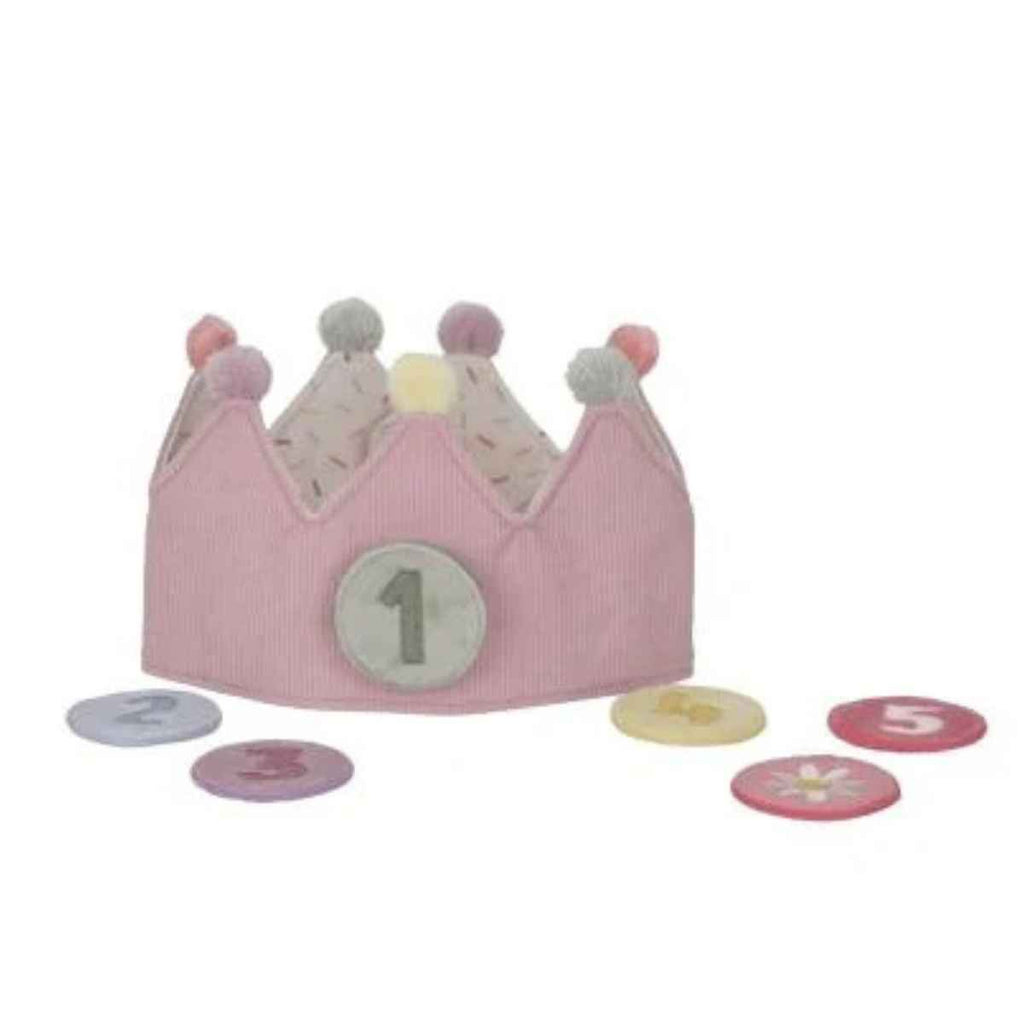 Pink children's birthday crown with number 1 and other numbers on a white background