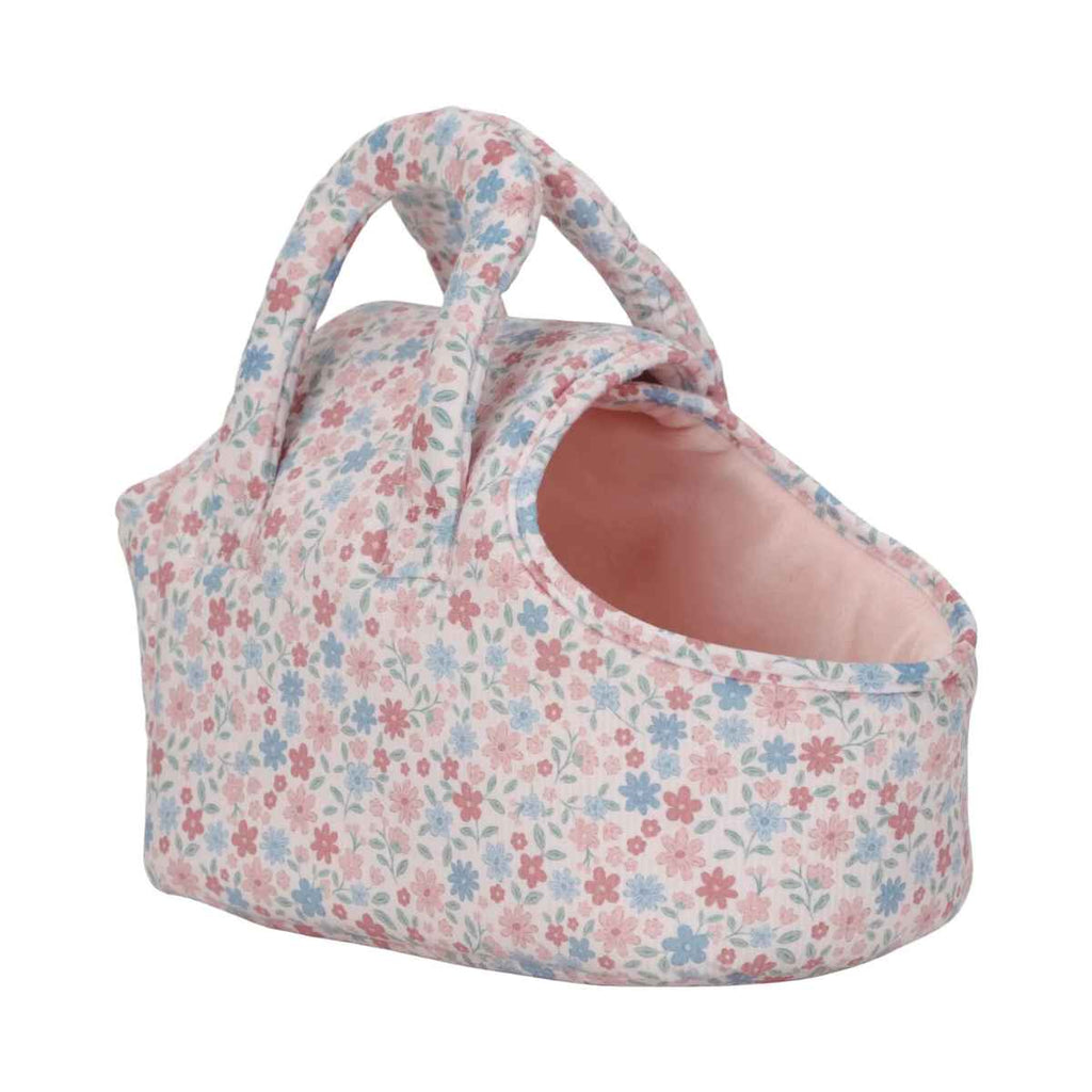 Floral-patterned pet carrier on a white background
