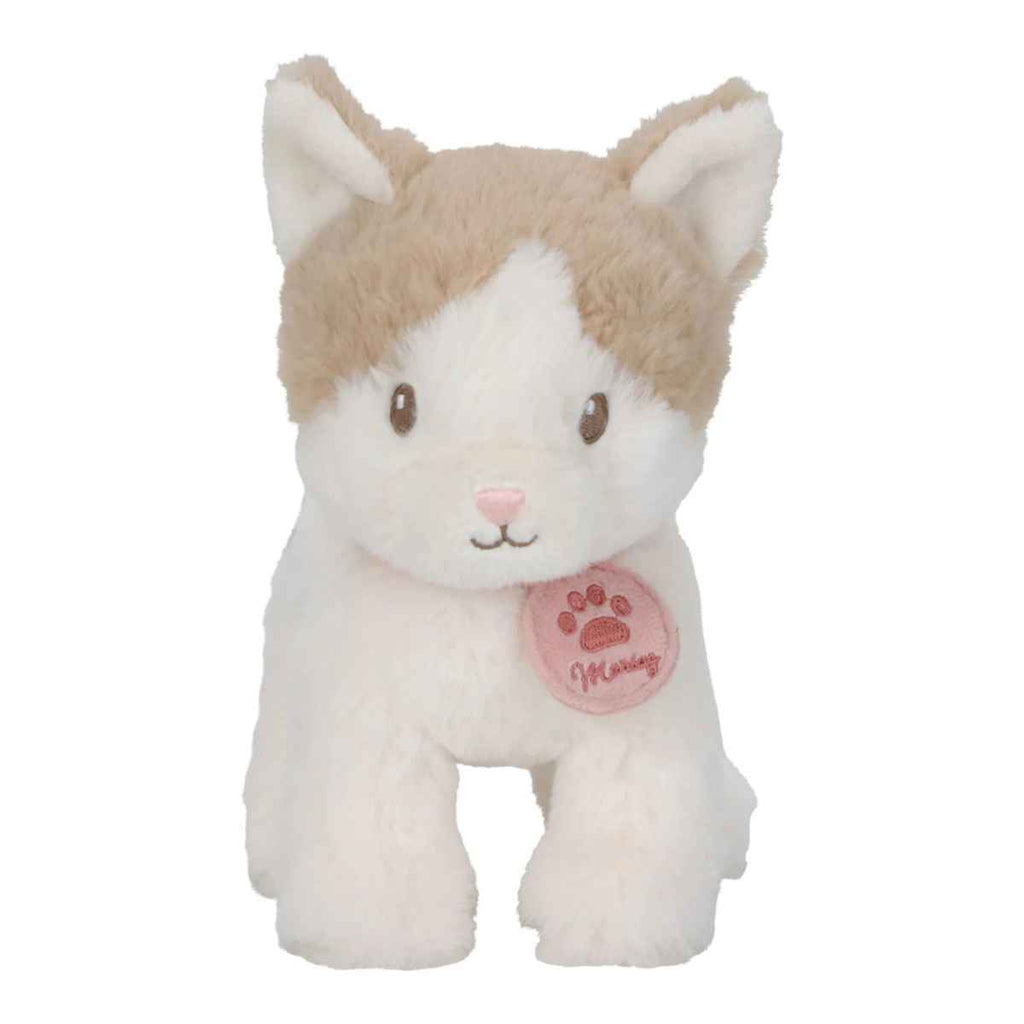 Plush toy resembling a cat with a pink tag collar on a white background