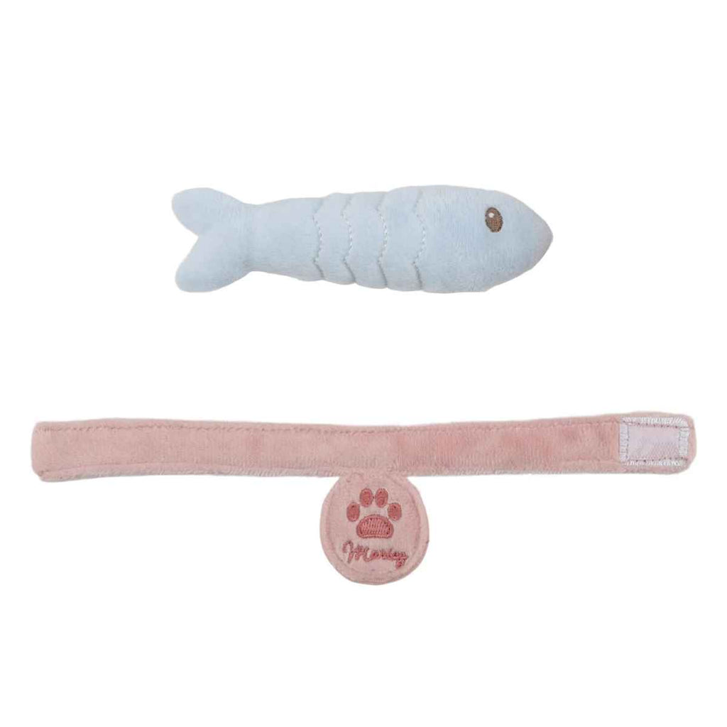 Light blue fish-shaped toy and pink collar with paw print on a white background