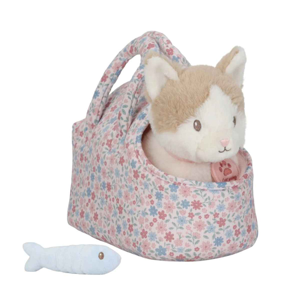Floral-patterned bag with a plush cat toy and a small fish toy on a white background