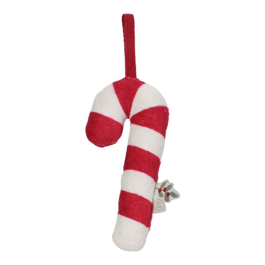 Red and white striped candy cane-shaped toy on a white background