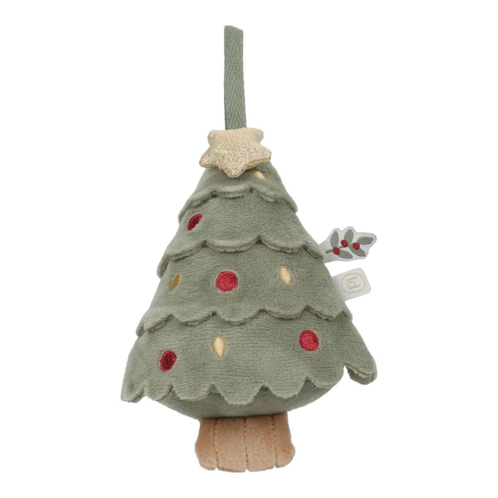Plush Christmas tree toy with ornaments and a star on a white background