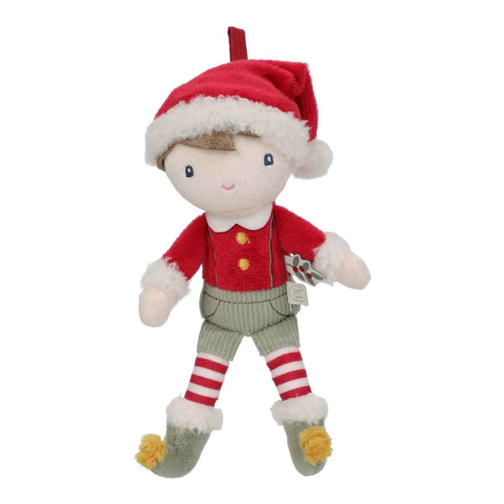 Plush Jim wearing a red outfit with a Santa hat on a white background