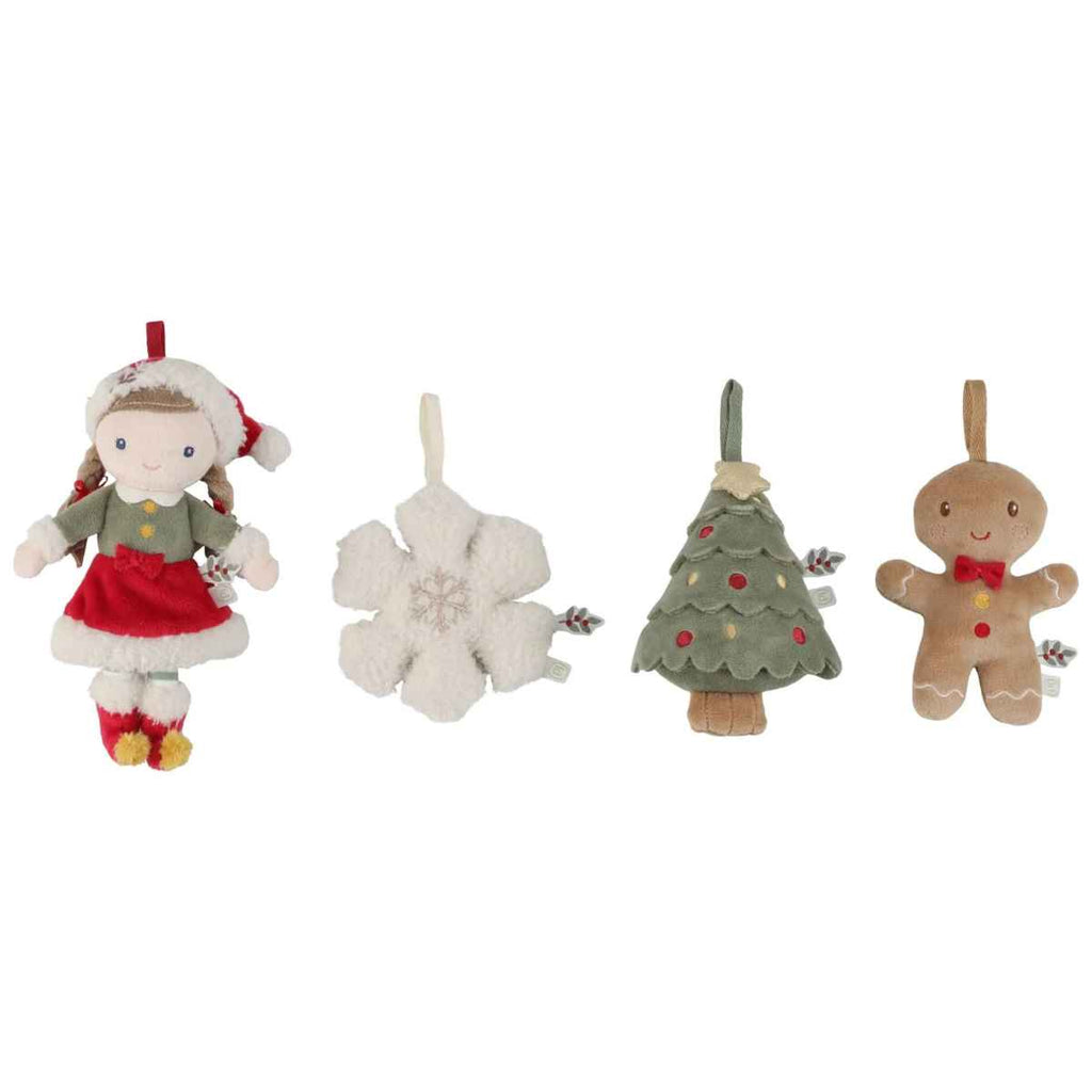 Set of Christmas-themed plush toys including rosa, snowflake, Christmas tree, and gingerbread man on a white background.