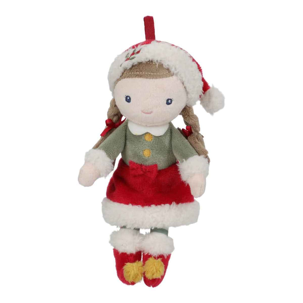 Plush toy of Rosa in a red dress and Santa hat on a white background