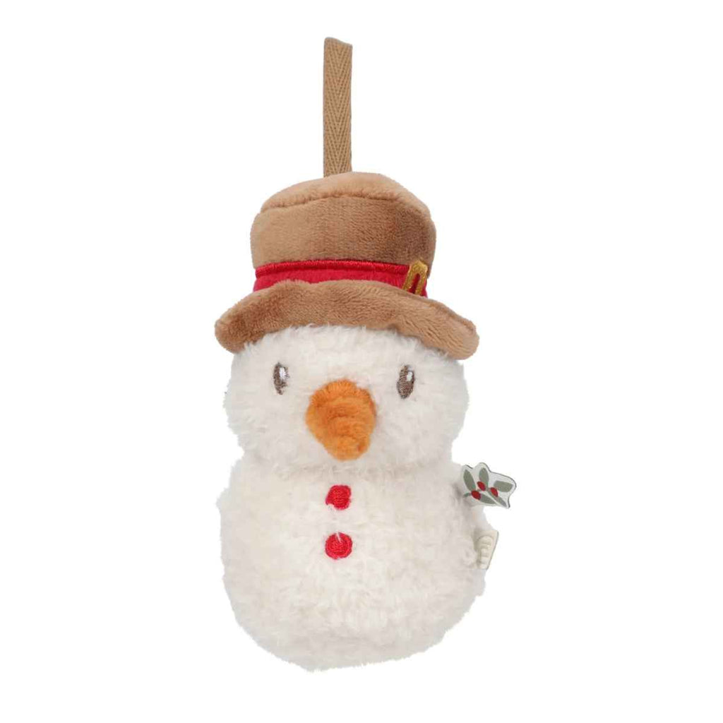 Plush snowman toy with a brown hat and red buttons on a white background