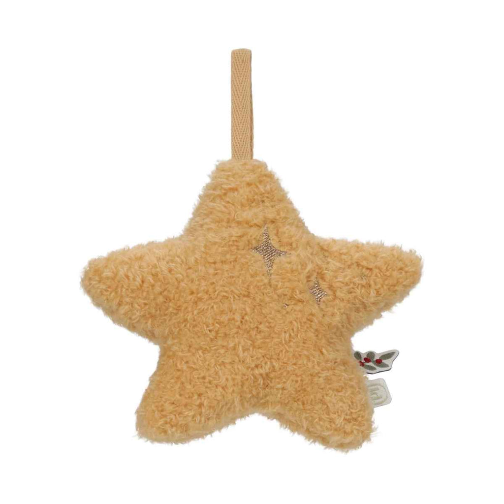 Star-shaped plush toy with a holly bush tag on a white background