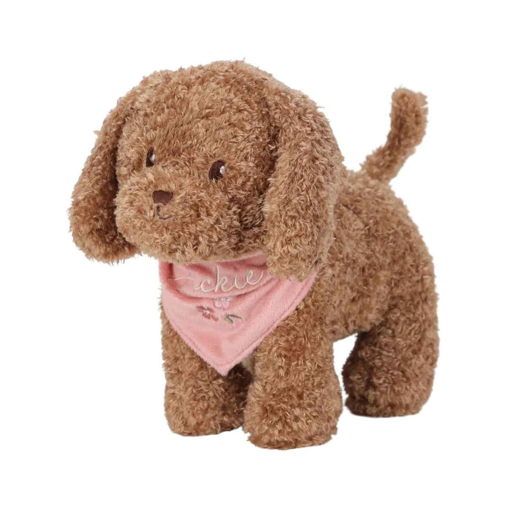 Brown plush dog toy with a pink bandana on a white background
