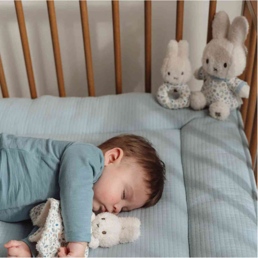 Baby cuddling the plush toy while sleeping in their crib.