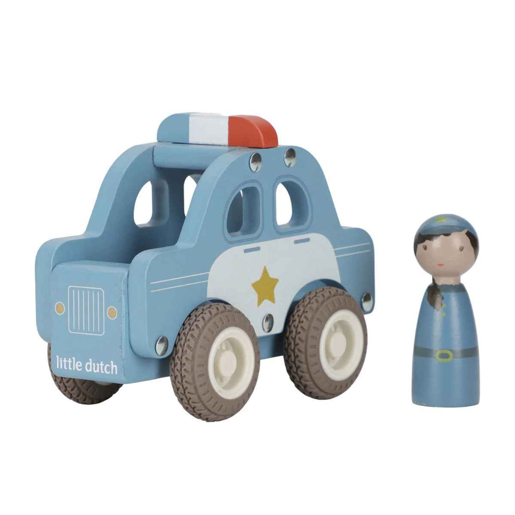 Wooden toy police car with a figure next to it on a white background