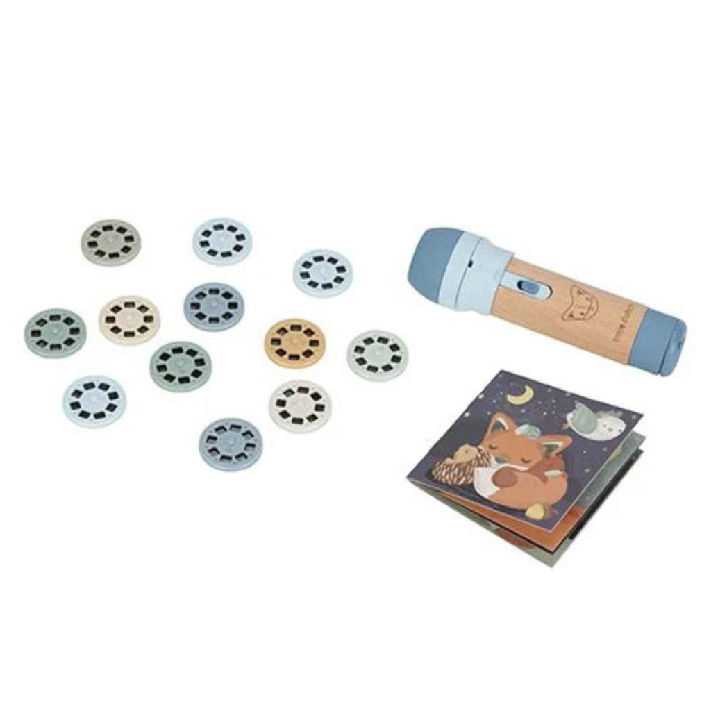 Children's toy projector set with torch and discs on a white background