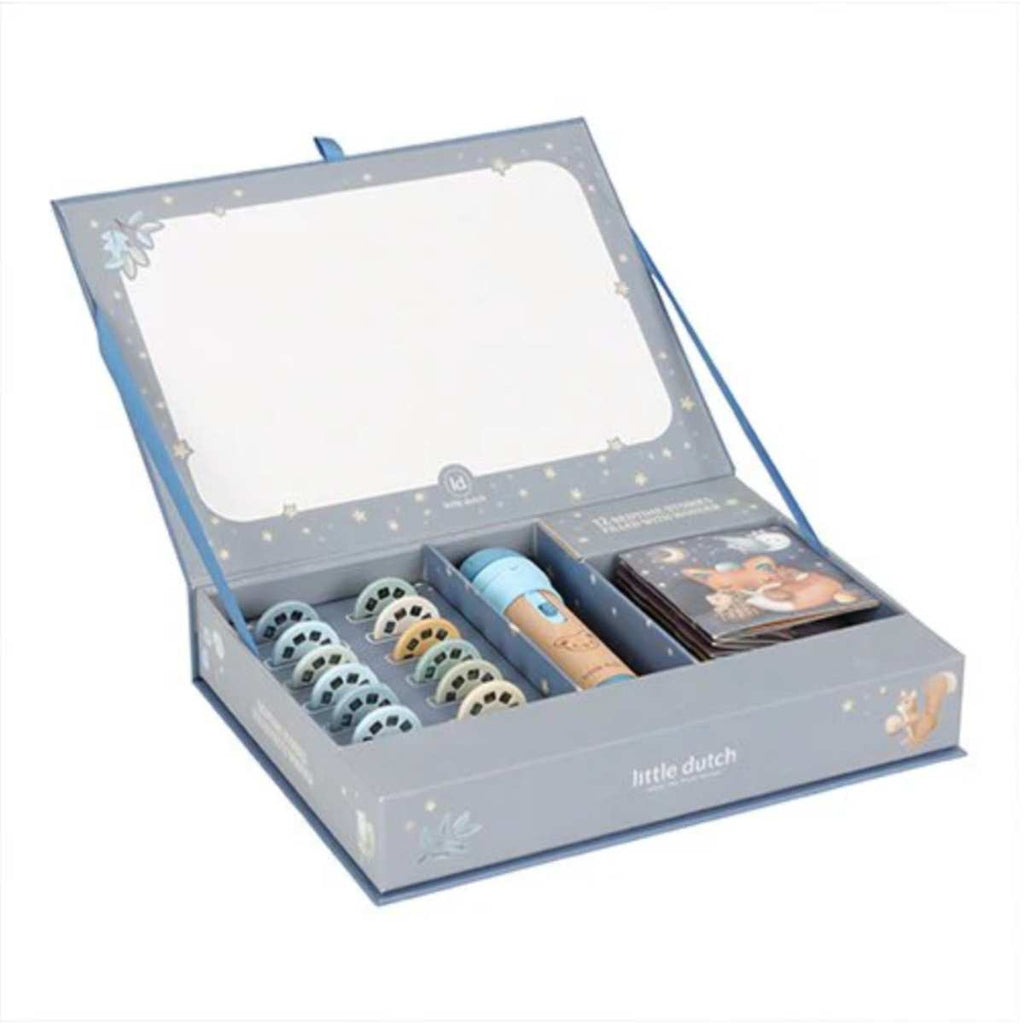 Open box with projector items including flashlight and 12 disks.