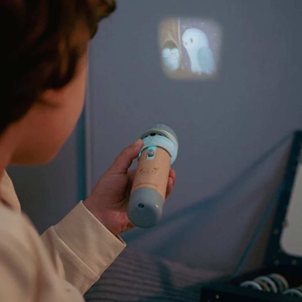 Child holding a flashlight projector projecting an image onto the wall