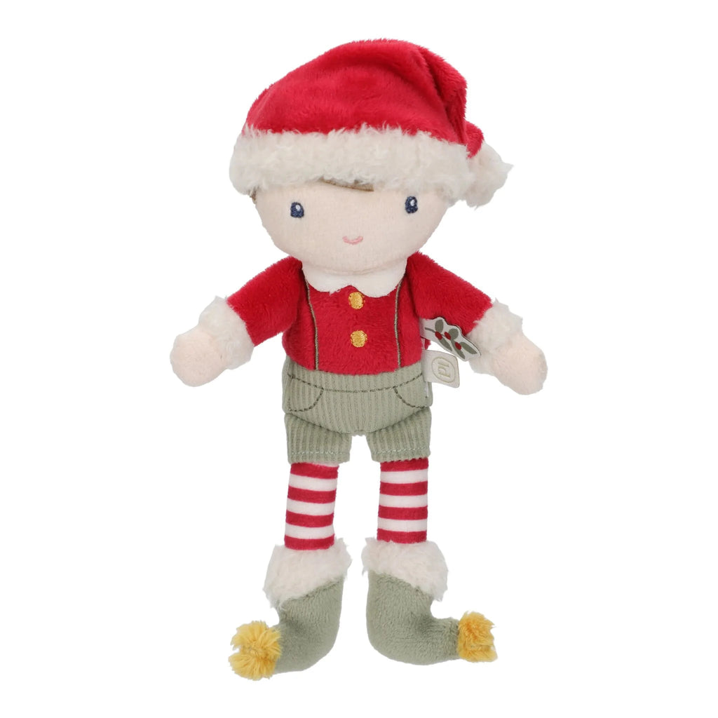 Plush toy elf wearing a red outfit with a white and red hat on a white background