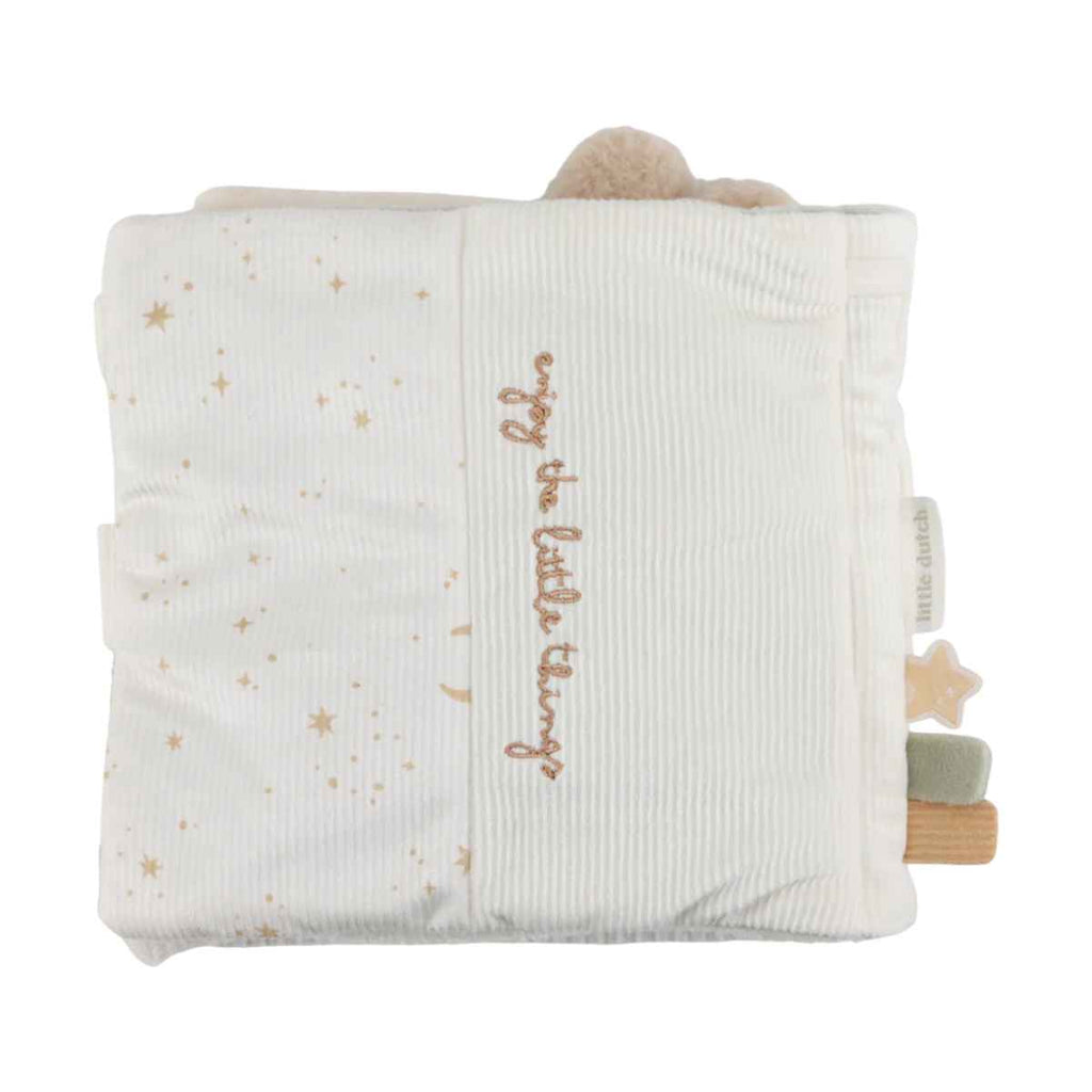 The back of a soft activity book with writing that reads 'enjoy the little things'.