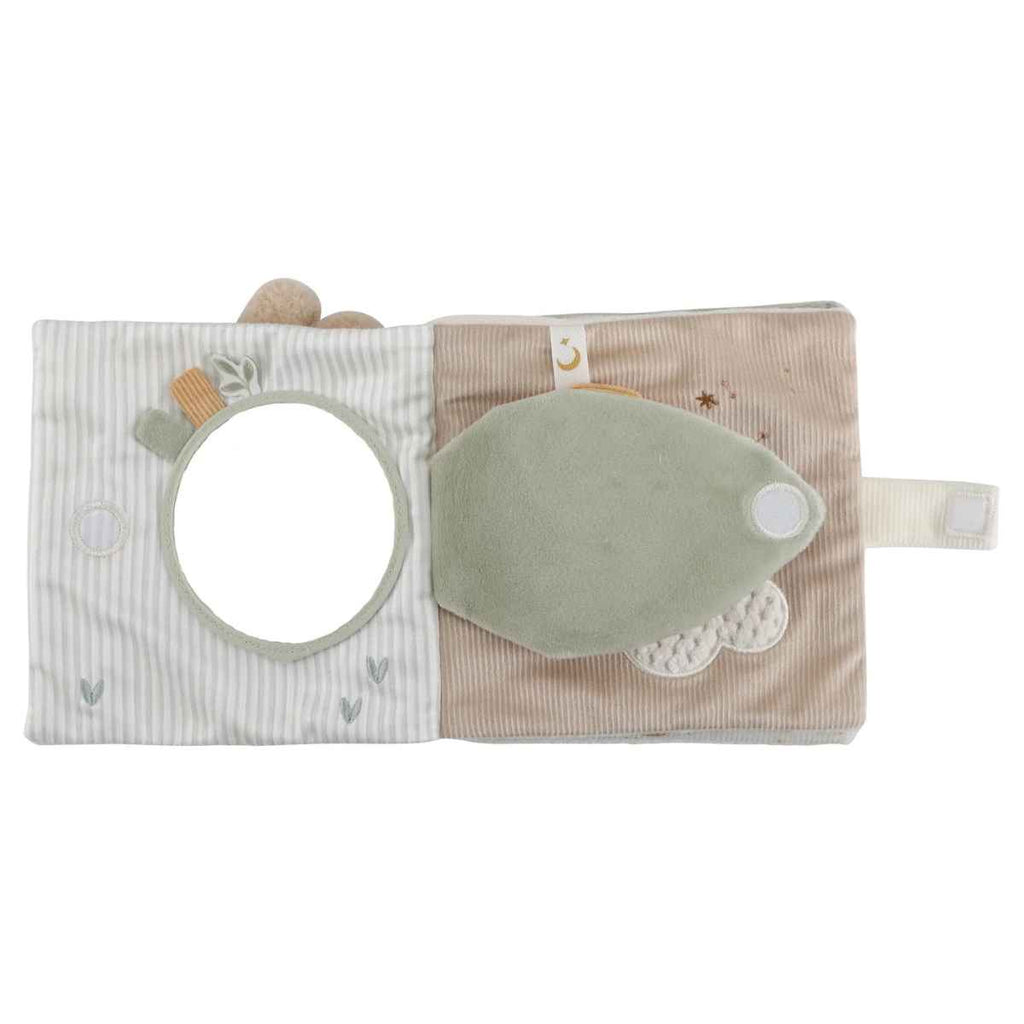 Activity book with a mirror hidden behind a flap in the design of a leaf.