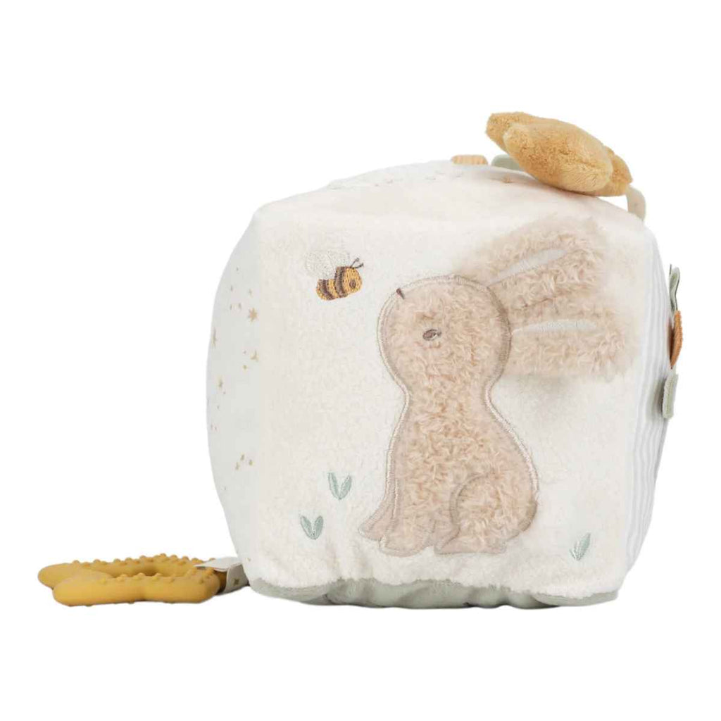 Soft activity cube with a bunny design on a white background
