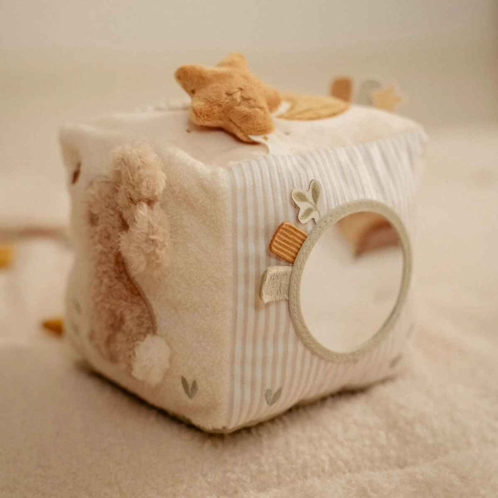 Cute soft activity cube with a child-safe mirror and bunny design